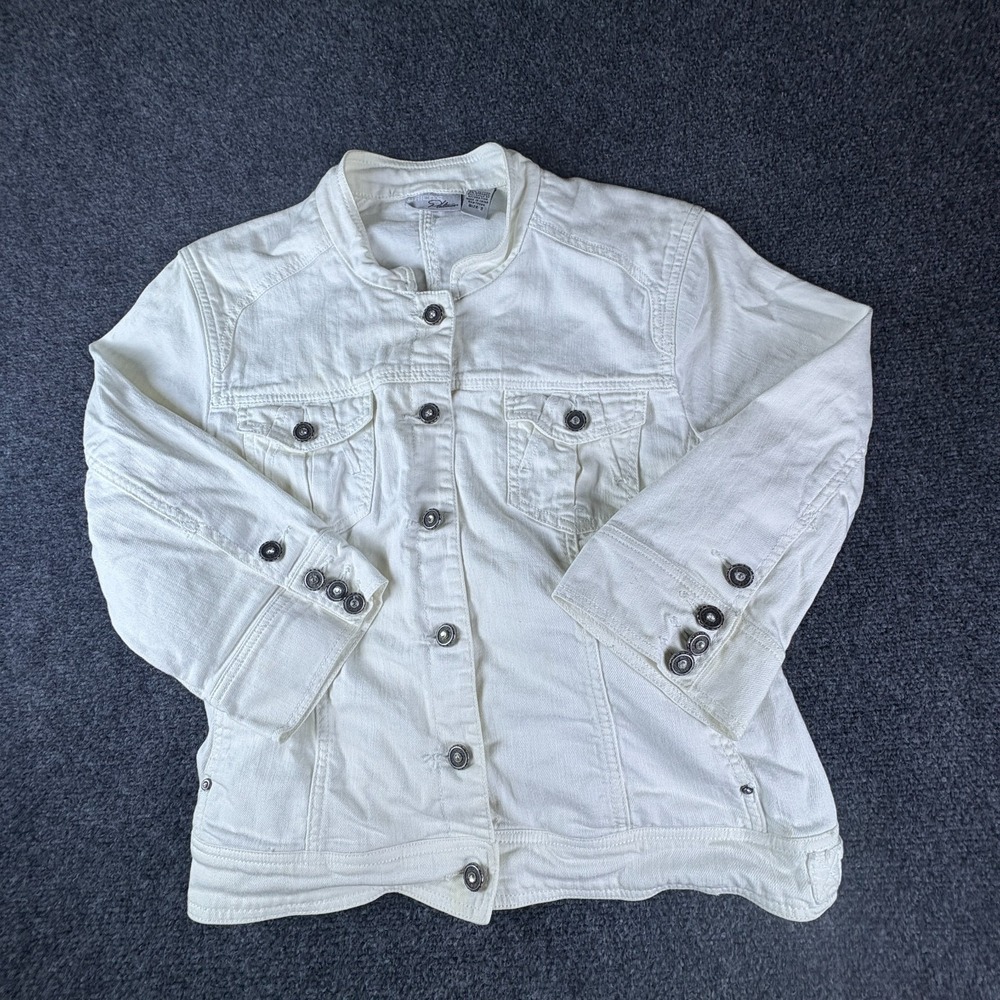 Chico's Platinum Denim Jacket Womens 2 White Cotton Stretch Pockets Button Front